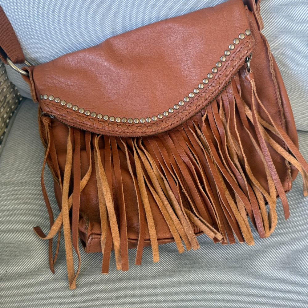 The Sak Brown Leather Fringe Crossbody Bag Studded Boho Festival Purse